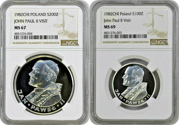 1982 Poland Silver Set 2 coins 200 100 Złotych Pope Ioannes Paul II NGC MS67-69