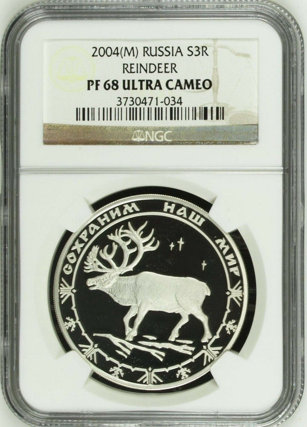 Russia 2004 Silver Coin 3 Roubles Reindeer Wildlife Safe our World NGC PF68