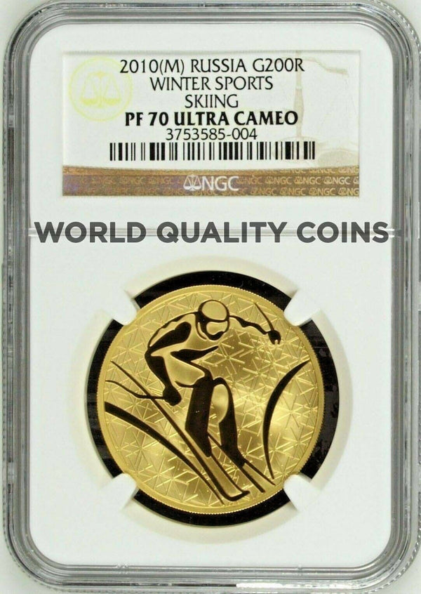 Russia 2010 Gold 200 Roubles 1oz Winter Sport Mountain Skiing NGC PF70 Mint-500