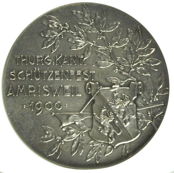 Swiss 1900 Silver Shooting Medal Thurgau Obverse Trial Strike R-1273a NGC MS62