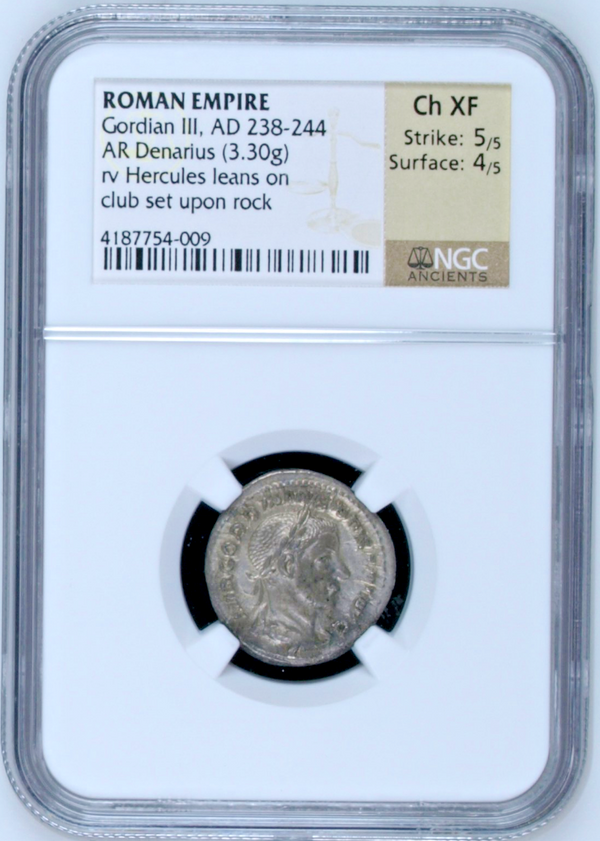 Roman Empire Gordian III AD238-244 AR Denarius Hercules set upon rock NGC Ch XF