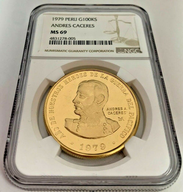 Peru 1979 Gold 100,000 Soles Andres Caceres Top Pop NGC MS69 Pacific War Heroes