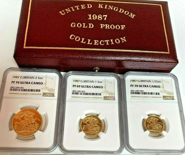 1987 United Kingdom 3 Gold Coins Set Elizabeth Sovereign St George NGC PF70/69