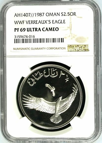 Oman 1407 1987 WWF Silver Coin 2.5 Omani Rials Bird Verreaux's Eagle NGC PF69