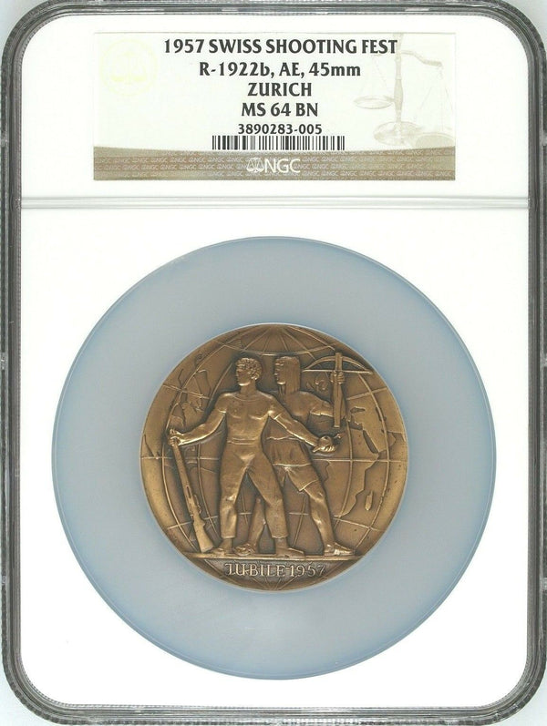 Swiss 1957 Bronze Shooting Medal Zurich 50th Anniv. Archer R-1922b NGC MS64 Rare
