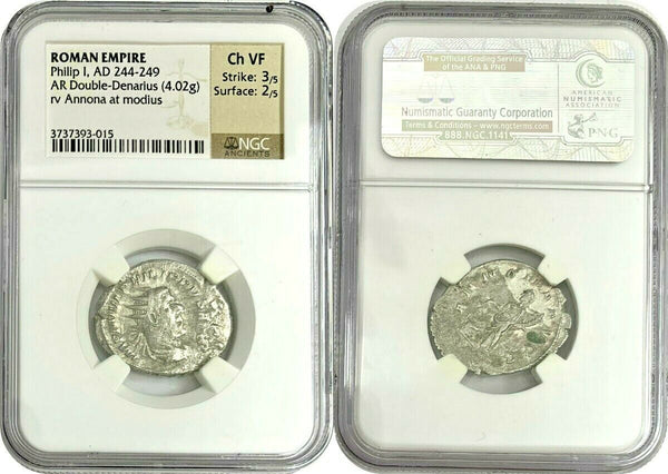 Roman Philip I AD244-249 Silver Antoninianus Annona holding grain ears NGC Ch VF