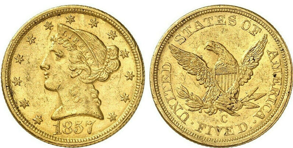 1857 Gold $5 NGC MS61 Half Eagle Charlotte Liberty Head United States Low mint.