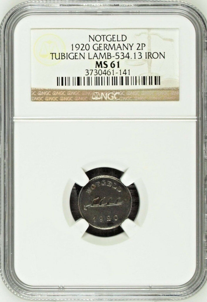 1920 Germany Notgeld Coin Tübigen Württemberg 2 Pfennig Lamb-534.13 NGC MS61