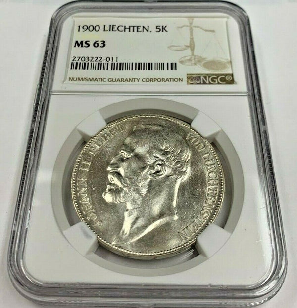 Liechtenstein 1900 Silver 5 Kronen John Johann II Fürst NGC MS63 Mintage-5,000