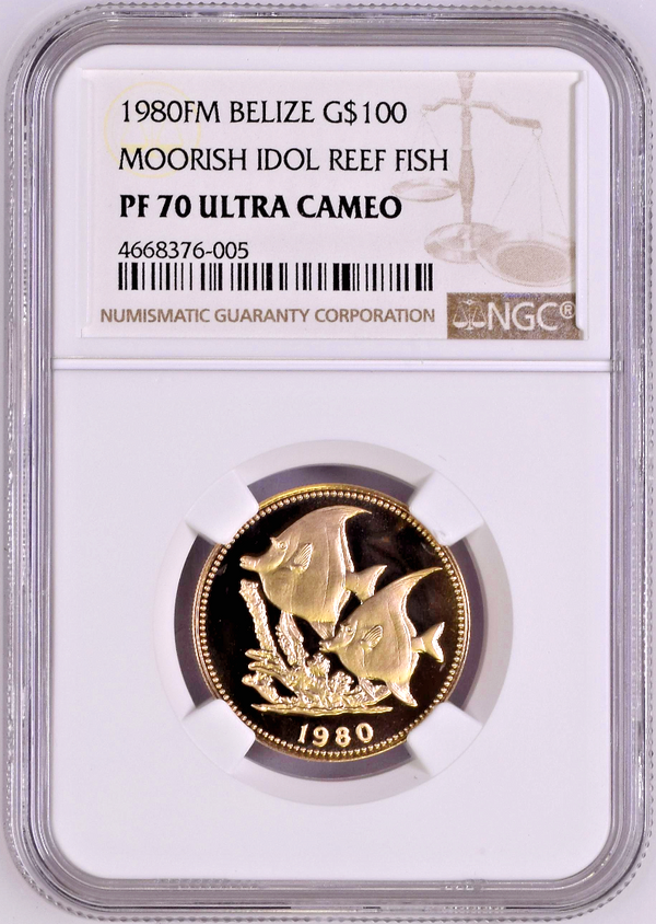 Belize 1980 Gold $100 Moorish Idol Reef Fish NGC PF70 Elizabeth II