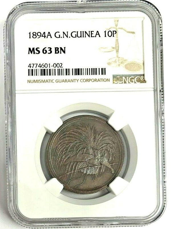 German New Guinea 1894 10 Pfennig Bird of Paradise Wilhelm II NGC MS63