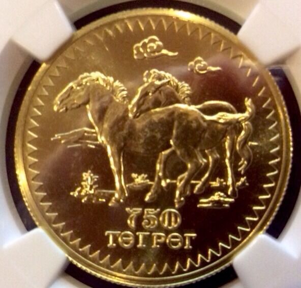 Mongolia 1976 Gold 750 Tugrik Przewalski Horses Mintage-929 Very Rare NGC MS65