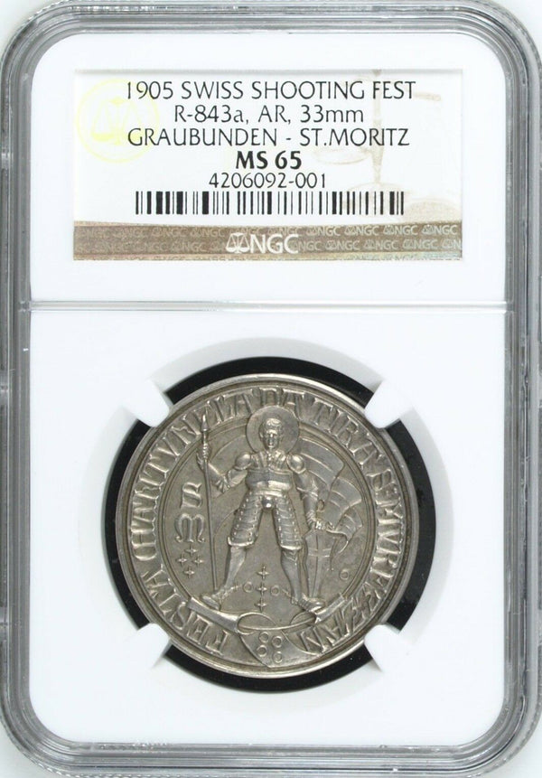 Rare Swiss 1905 Silver Shooting Medal Graubunden St Moritz R-843a NGC MS65