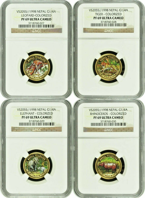 Rare Nepal 1998 Set 4 Gold 1/4 Asarfi Leopard Tiger Elephant Rhinoceros NGC PF69