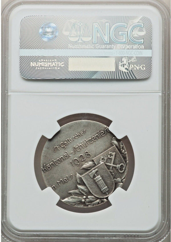 Swiss 1928 Very Rare Silver Shooting Medal St Gallen Mels R-1201a NGC MS62