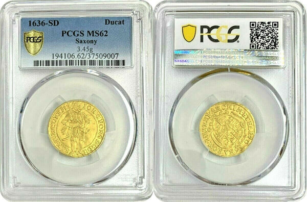 Rare Germany 1636 SD Gold Ducat Saxony Johann Georg I Dresden PSGC MS62