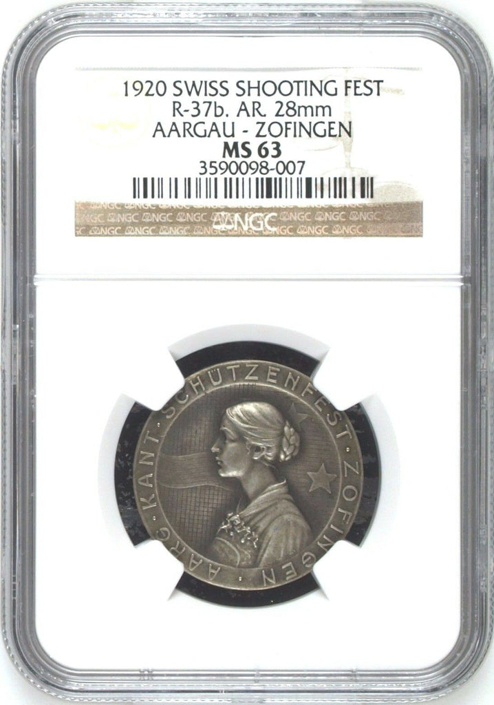 Swiss 1920 Silver Shooting Medal Mintage-150 Aargau Zofingen R-37b NGC MS63