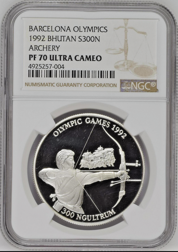 Bhutan 1992 Silver 300 Ngultrums Barcelona Olympics Archery NGC PF70 Top Pop