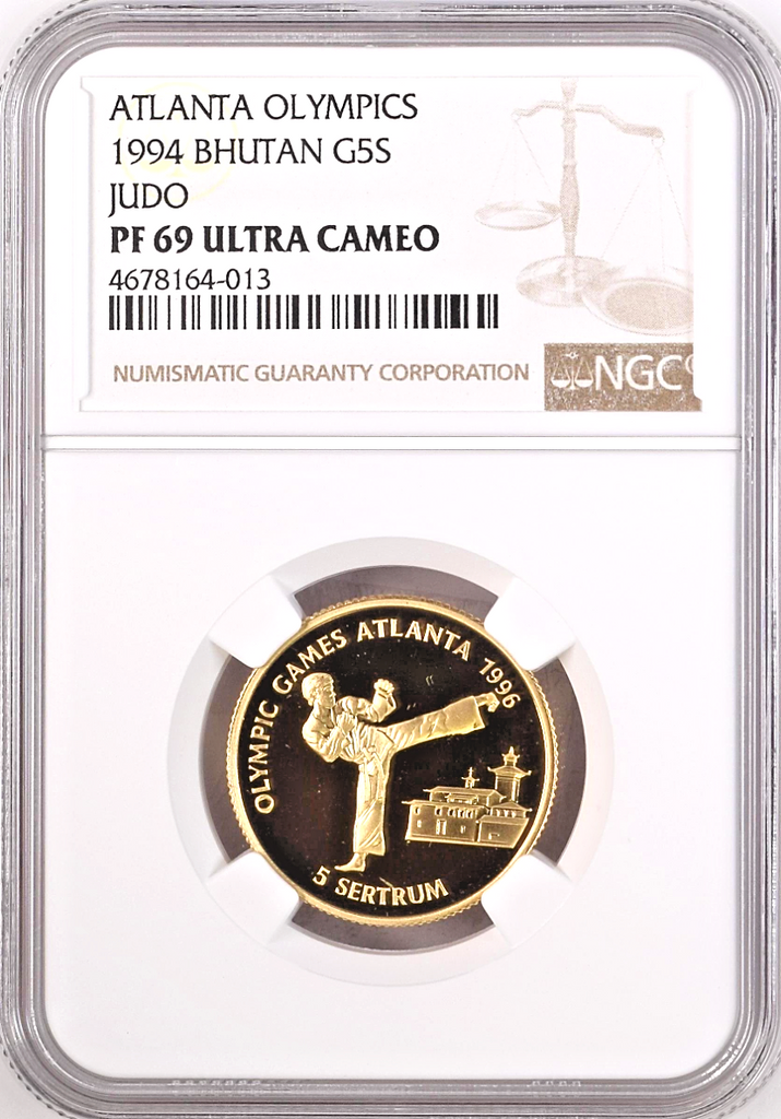 Bhutan 1994 Gold 5 Sertums Olympics Jigme Singye Tae kwon do NGC PF69 Top Pop