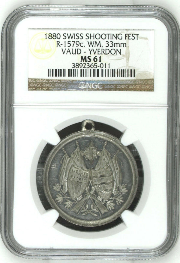 Swiss 1880 Medal Shooting Fest Vaud Yverdon R-1579c NGC MS61 - Rare