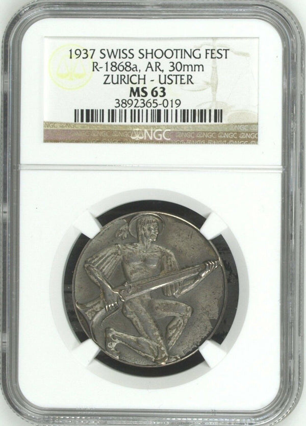 Swiss 1937 Silver Medal Shooting Fest Zurich Uster R-1868a NGC MS63 - Rare
