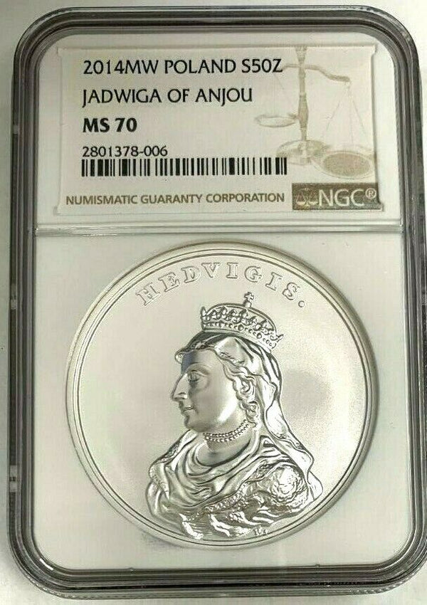2014 Poland Silver 50 Zloty King Stanislaw August Jadwiga of Anjou NGC MS70