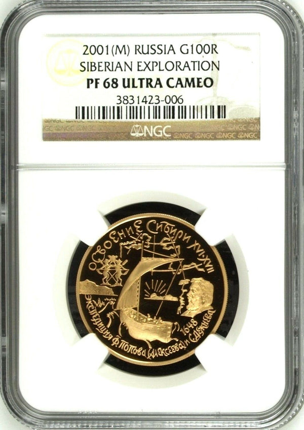 2001 Russia Gold 100 Roubles Siberian Exploration NGC PF68 Mintage-1000 only