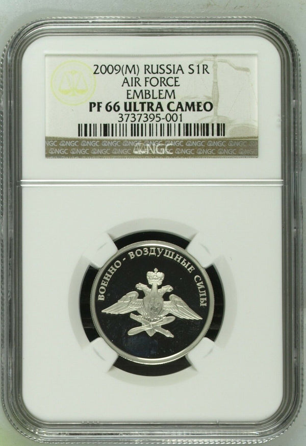 2009 Russia Silver 1 Rouble Armed Forces Russian Fed. AIR Force Emblem NGC PF66