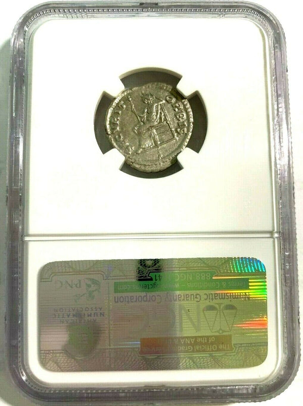 Roman Empire Caracalla AD198-217 Denarius Securitas seated Laodicea NGC Ch VF