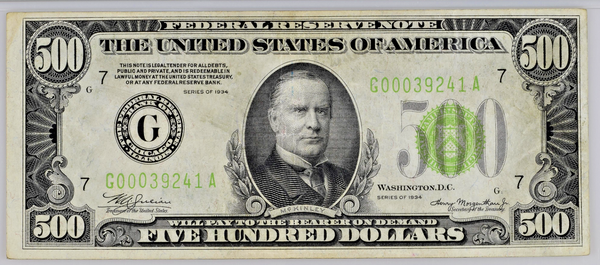1934 $500 Bill Federal Reserve Note Chicago Light Green PMG XF40 Fr.2201-Glgs