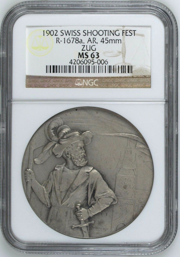 Rare Swiss 1902 Silver Shooting Medal Zug Mintage-300 R-1678a M-996 NGC MS63
