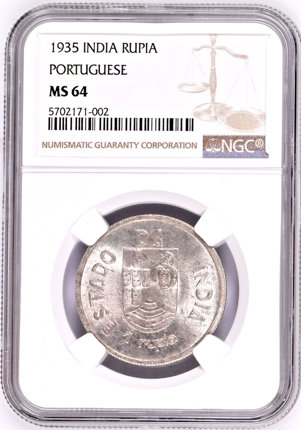 1935 India Portuguese Silver Coin 1 Rupia NGC MS64