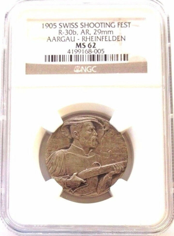 Swiss 1905 Silver Medal Shooting Festival Aargau Rheinfelder R-30b NGC MS62