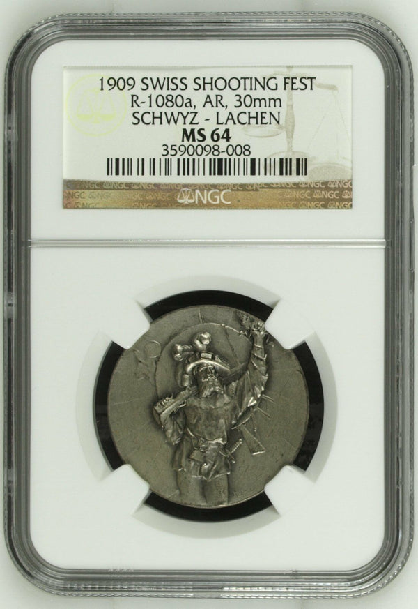 Swiss 1909 Silver Medal Shooting Fest Schwyz Lachen R-1080a NGC MS64 Rare