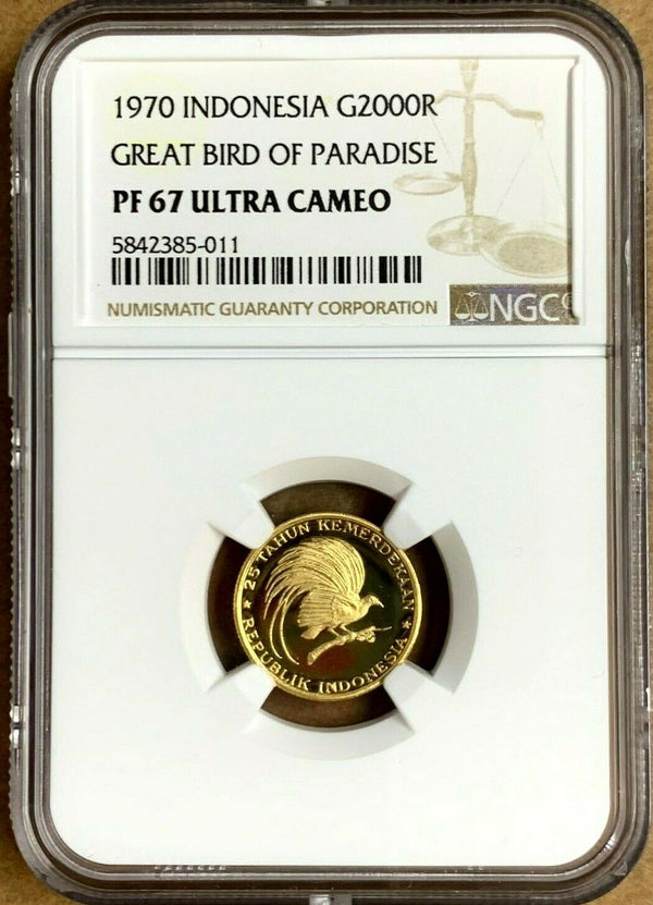 1970 Indonesia Gold Coin 2000 Rupiah Great Bird of Paradise NGC PF67 Low Mintage