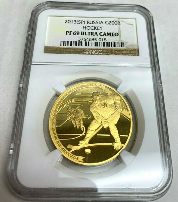 Russia 2013 Gold 200 Roubles 1oz Winter Sport Dynamo Hockey NGC PF69 Mintage-500