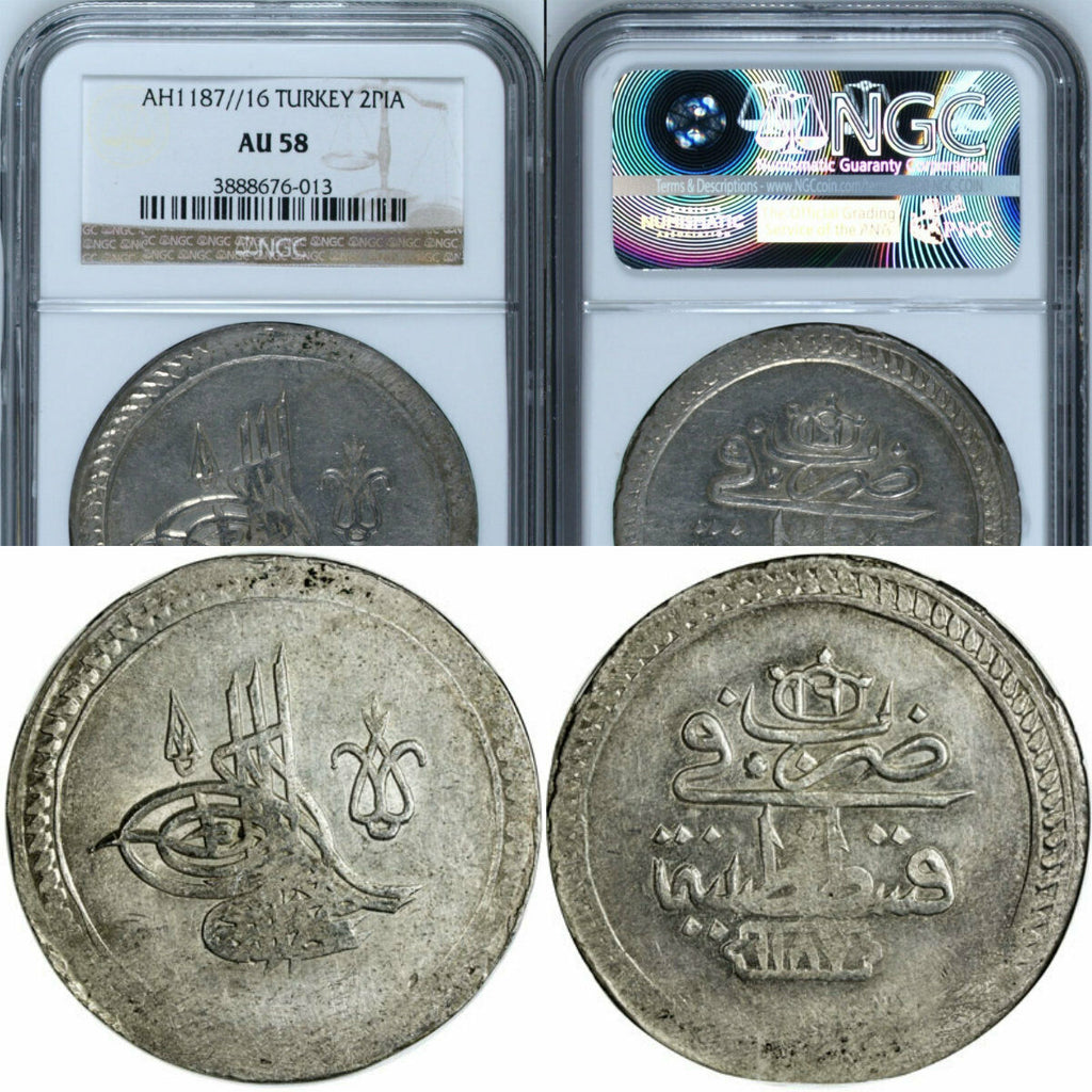 AH1187 year 16 Turkey Abdul Hamid I 2 Kurush Silver Coin Kostantiniye NGC AU58