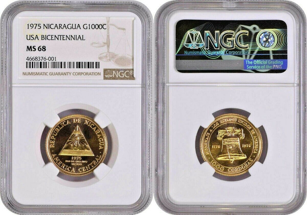 Nicaragua 1975 Gold 1000 Córdobas 200th Anniversary of the USA NGC MS68