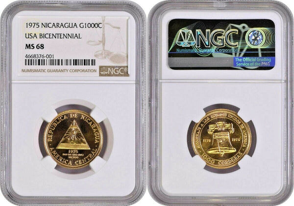Nicaragua 1975 Gold 1000 Córdobas 200th Anniversary of the USA NGC MS68