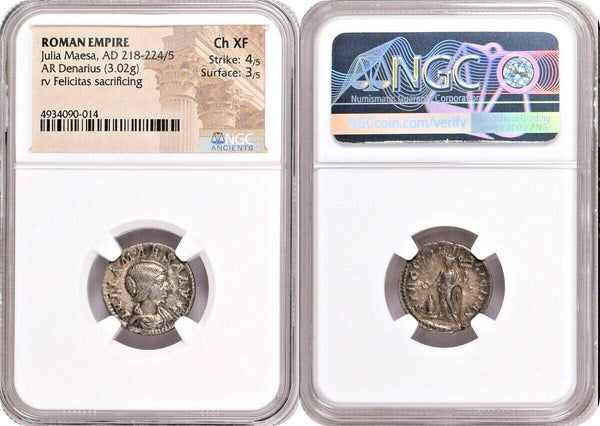 Roman Empire Julia Maesa AD218-224 AR Denarius Felicitas sacrificing NGC Ch XF