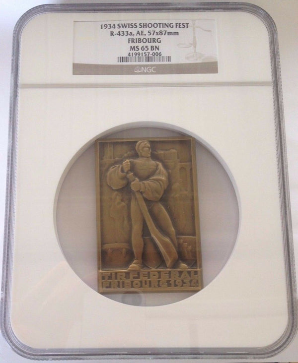 Swiss 1934 Medal Shooting Fest Fribourg Bronze R-433a Rectangular NGC MS65 BN