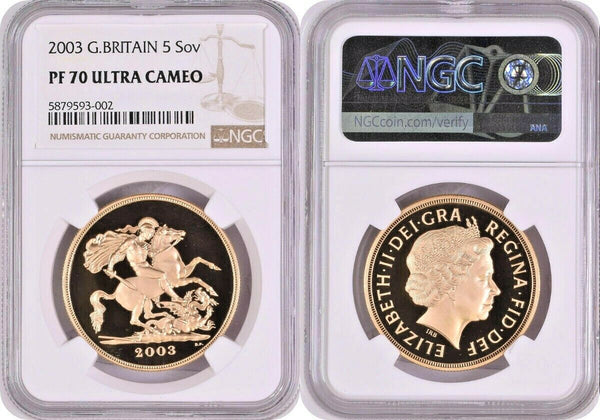 Great Britain 2003 Gold 5 Pounds Sovereign Elizabeth II NGC PF70 Mintage-2050