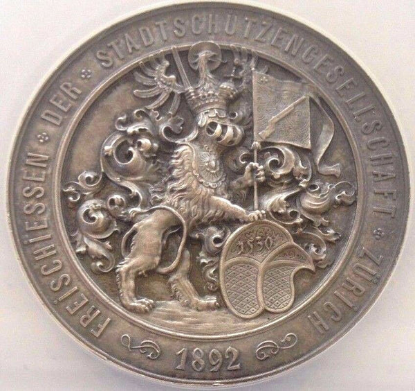 Swiss 1892 Silver Shooting Medal Zurich R-1752a Helvetia Lion NGC MS62 Very Rare