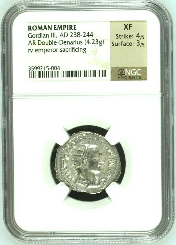 Roman Empire Double Denarius Gordian III sacrificing AD238-244  NGC XF