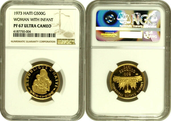 Haiti 1973 Rare Gold Proof Coin 500 Gourdes  Woman w Infant Mintage-915 NGC PF67