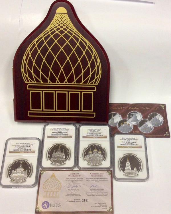 Belarus 2010 Set Silver 4 Coins 20 Roubles Orthodox Cathedrals NGC PF69 Rare Box