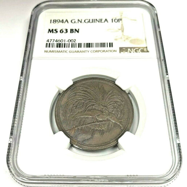 German New Guinea 1894 10 Pfennig Bird of Paradise Wilhelm II NGC MS63