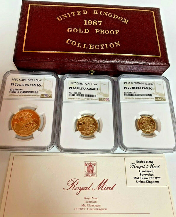 1987 United Kingdom 3 Gold Coins Set Elizabeth Sovereign St George NGC PF70/69