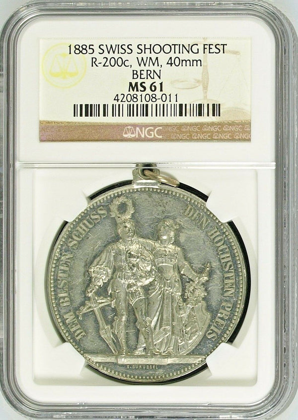 1885 Rare Swiss Shooting Medal Bern Helvetia Bear R-200c NGC MS61