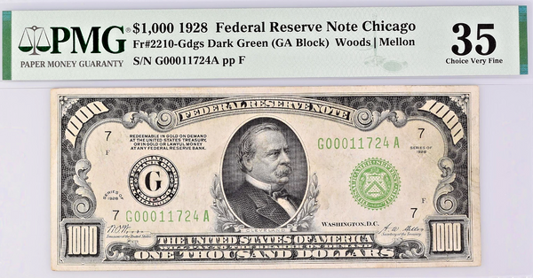 1928 $1000 Bill Federal Reserve Note Chicago Dark Green PMG VF35 Fr#2210-G